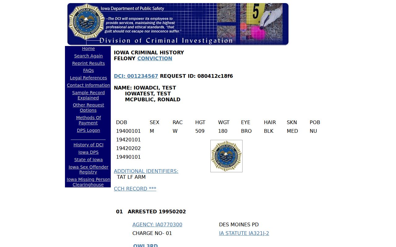 Edgewood criminal record check fields in the Iowa DCI sample