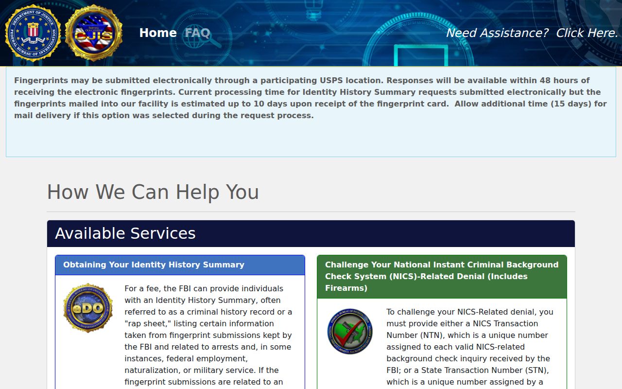 Edgewood record check through the FBI Identity History Summary portal